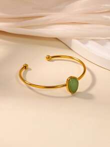 1 Peça Bracelete Oval de Pedra Preciosa Verde em Aço Inoxidável, Bracelete Aberto Banhado a Ouro 18K, Joias Femininas, Estilo Vintage Boêmio, Presente para Festa na Praia
