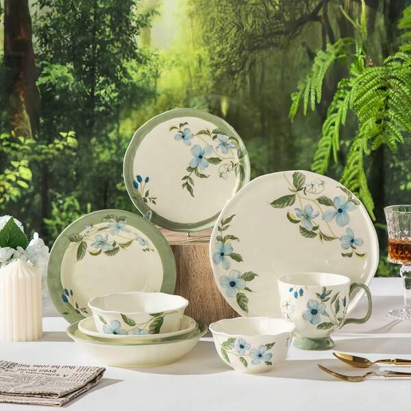 French Fresh Ceramic Dinnerware - Salad Plate, Pasta Plate, Steak Plate, Dessert Plate, Bread Plate For Daily Use & Family Gatherings, Elegant Tableware