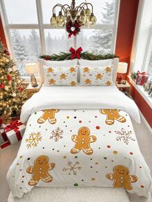 3pcs Christmas Cute Gingerbread People Pattern Print Duvet Cover Set (1*Duvet Cover + 2*Pillowcase, Without Core), Lighting Up The Colorful Atmosphere Of The Festival, Snowflakes And Colorful Dots Dance Together, Creating A Sweet Atmosphere, Christmas Theme, Winter Christmas, Soothing Visual Fatigue, Suitable For All Seasons, Suitable For Hotel, Bedroom, Guest Room And Dormitory Decoration Bedding