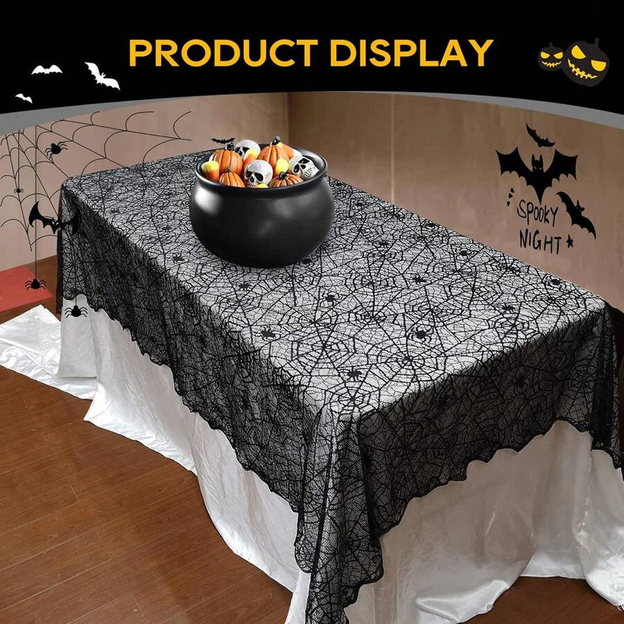 Mantel rectangular de telaraña para Halloween, ideal para decorar fiestas navideñas en casa. - Negro - Ver 1