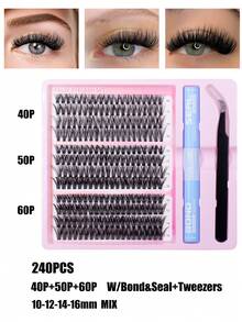 240/232PCS DIY Lash Extension Kit Individual & Cluster Lashes 10-16mm Mixed Lengths With Glue Sealant Tweezers For Daily & Party Makeup Faux Mink Material Soft Texture Ultra-Thin Band Ultra-Lightweight Long-Lasting - Black - View 11