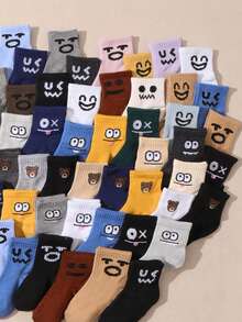 10 Pairs Kids' Random Solid Color Cute Expression Casual Mid-Calf Socks