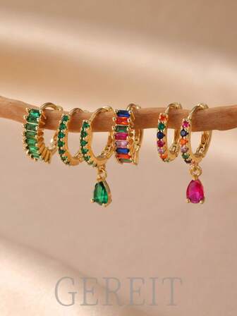 GEREIT 3pcs Fashionable & Sweet 14K Plated Colorful Personalized Micro-Inlaid AAA Zirconia Teardrop Pendant Earrings, Suitable For Women's Daily Wear