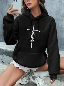 Plus Size Women "Faith" Cross Graphic Sweatshirt, Loose Casual Autumn/Winter Fashion - Black - View 1