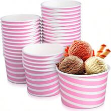 Barra de helado y tazas de aperitivos, tazas desechables de helado perfectas para fiestas, tazas de yogur congelado de alta calidad de 5 onzas, tazas de papel para desierto, paquete de 50 - Rayas rosadas + 236.58ml (8oz) - Ver 2