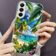 Funda de Teléfono de Flores y Árboles de Playa para Samsung Galaxy A02 A03S A04 A05S A06 A13 A14 A15 A16 5G A21S A22 A23 A24 A25 A26 A32 A34 A35 A36 A50 A52 A53 A54 A55 A56 A73 S21 Ultra S22 Plus S23+ S24 FE S25 Funda Protectora Transparente Resistente a Impactos de TPU Creativa - Multicolor - Ver 5