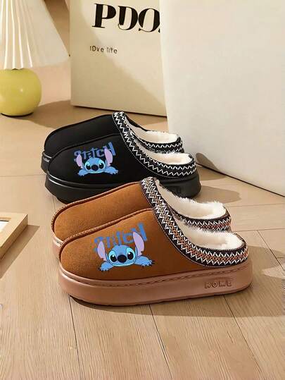 1 Pair,Stitch & Lilo Cartoon Slippers - Cozy Pink Plush Indoor Slippers For Men & Women, Soft, EVA Sole, Hand Washable, Perfect For Winter Home Wear, Cute Slippers