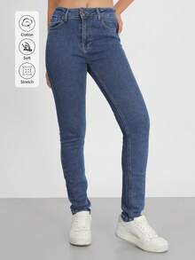 Women's Lightly Stretchy And Pocketed Long Straight Design Skinny Jeans - Navy Blue - View 8