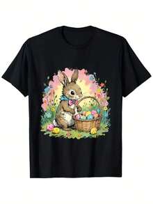 Camiseta de Conejo de Pascua para Hombre; Camiseta de Cesta Floral -% Algodón. Manga corta. Negro. Cuello redondo. Casual; Ajuste cómodo. Regalo perfecto para familiares y amigos. Tallas S-. Lavable aáquina. Duradero; Algodón Transpirable - Negro - Ver 6