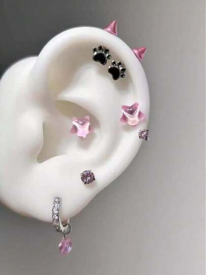 1 Pc Cat Claw Ear Bone Nail Female Devil Nail Ear Wheel Nail Cool And Sweet Spicy Style Chain Piercing Earring For Women Men Gothic Pink Star Horseshoe Ring Ear Bone Nail Color Rivet Ear Bone Nail Earring Y2K Jewelry Accessories