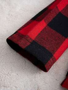 男童运动套装，复古格子图案，防皱连帽衫+多口袋工装牛仔裤，休闲儿童装，百搭单品 - 紅色 - 查看 8