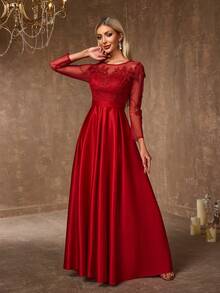 Women's Elegant Contrast Lace Round Neck Wedding Dress - Burgundy - View 6
