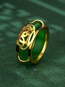 1pc Chinese Style Green Jade Inlaid Metal & Zirconia Ring, Fashionable High-End 18K Gold Band, Luxury & Versatile Gift For Women - Multicolor - View 13