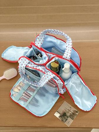 1个蓝色背景红色爱心便携式化妆包，大容量隔层收纳袋，日常化妆配件，旅行、居家、户外手提包，时尚女士必备化妆包，化妆袋，洗漱包，旅行必备，邮轮必备，度假必备，男女皆宜