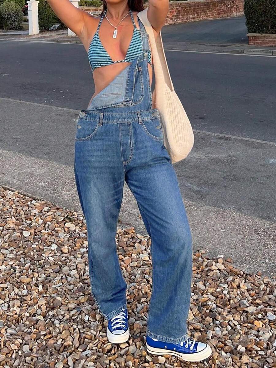 Women's Retro American Style Washed Blue Denim Overalls, Comfortable Non-Stretch Casual Jeans - Blue - View 1