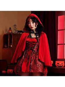 1 pieza Disfraz de Caperucita Roja - Capa con capucha roja con ribete de encaje, adecuado para Halloween y Navidad, conjunto clásico de cuento de hadas - Multicolor - Ver 5