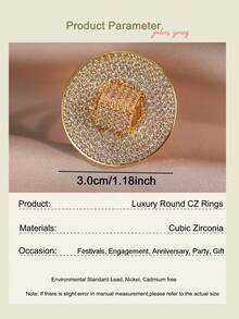 1pc Exquisite Large Round Zirconia Gold Ring, Luxury Exaggerated Geometric Adjustable Ring, Suitable For Women's Wedding, Engagement, Anniversary Gift - Yellow Gold - View 4