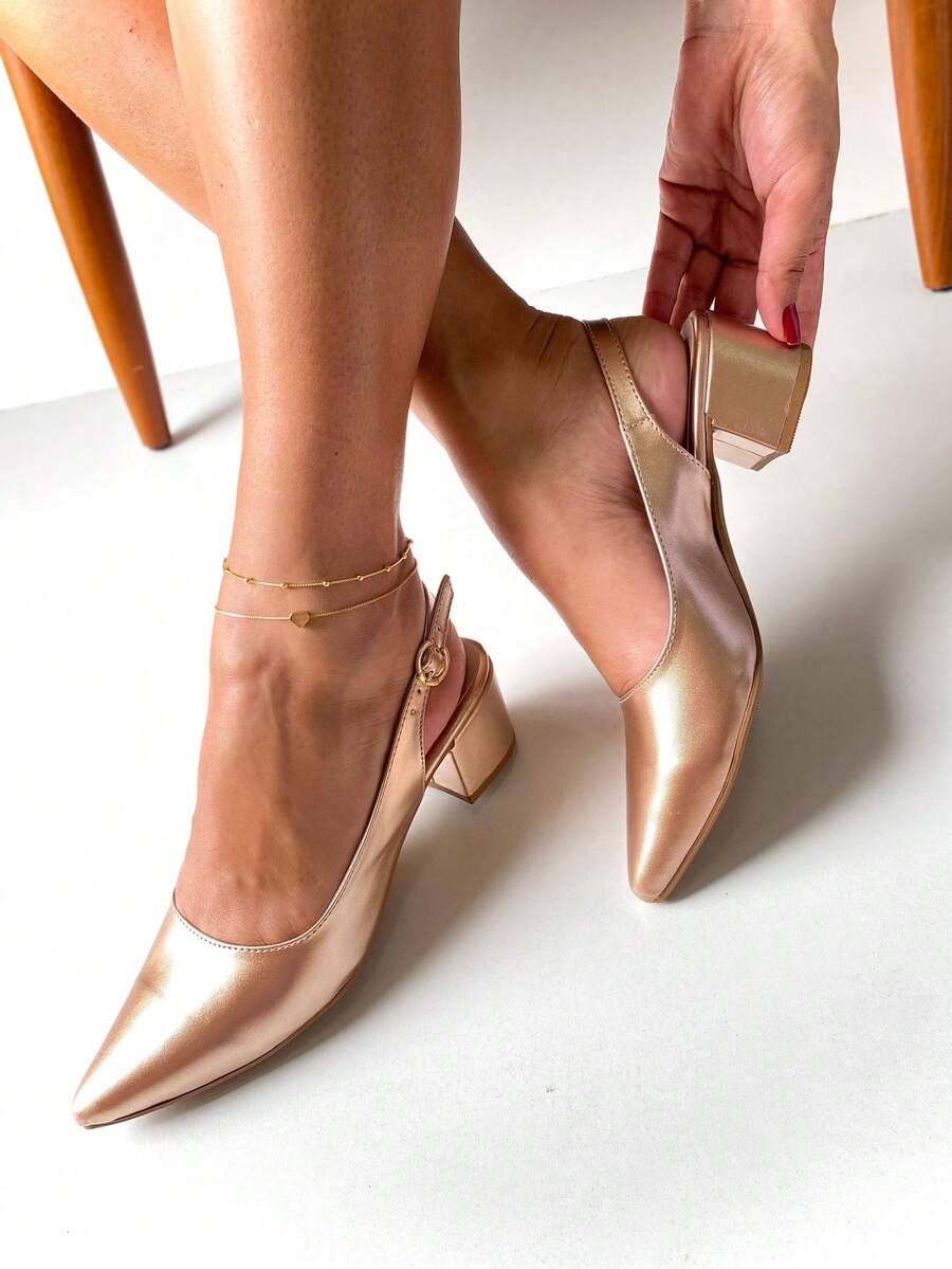 Elegant Block Heel Sandal, Pointed Toe, Closed Back Opening, Metallic Copper - Copper - View 1