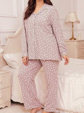 大码女式睡衣秋冬波点印花翻领长袖上衣和裤子，裤脚收口设计，舒适简约家居服套装