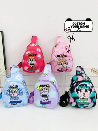 A Mini Cartoon Children's Chest Bag That Can Be Customised With A Name, Featuring Cute Cartoon Character Prints, Fashionable And Adorable, Available In Multiple Colours, And Can Be Personalised With A Name Or Festive Greeting