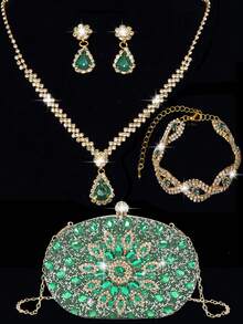 Rhinestone Jewelry Set Bling Necklace Earrings Bracelets Set For Women Evening Clutch Bag Bridal Wedding Sparkling Sunflower Crystal Glass Diamond Decoration Purse For Women Prom With Detachable Metal Chain For Wedding And Party Shoulder Bag For Women Clutch Purses For Ladies Bag Women's Handheld Evening Bag Versatile Glitter Handheld Bag Cocktail Party Wedding New Wallet Banquet Bag