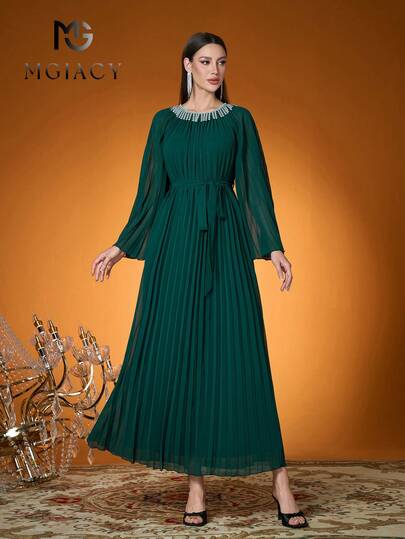 Mgiacy-Pop,New Arrival,Lady, Plain Color, Woven, Diamond Beads, Pleated, Arabian Burqa