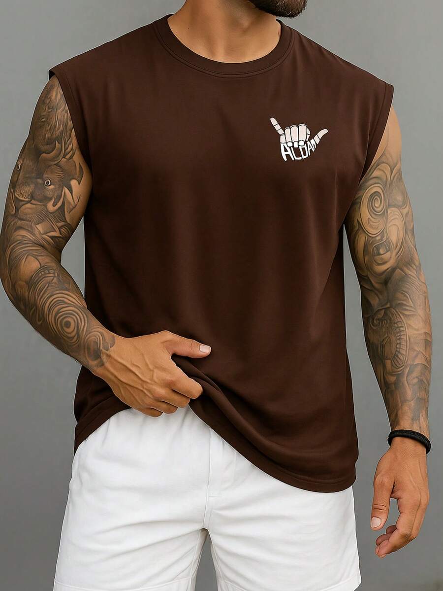 POLARBEAR Men's Sleeveless Basic Printed Tank Top HANG LOOSE OVERSIZED Summer - 鏽棕色 - 查看 1