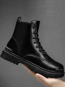 New High-Top Fashion Men's Boots, Lace-Up Leather Upper With Side Zipper Design, Thick Sole, Anti-Slip, Suitable For Outdoor, Hiking, Work, Snow Boots