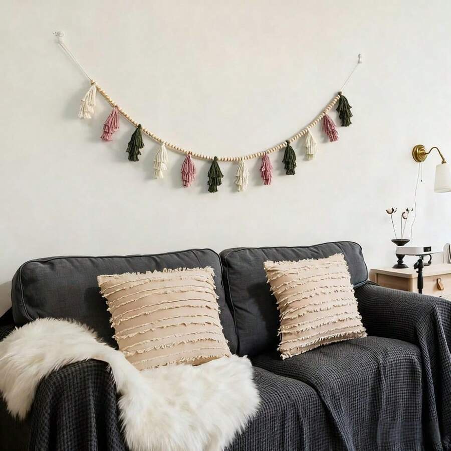 Guirnalda de borlas retro con cuentas de madera, guirnalda decorativa colgante, decoración para fiestas en el hogar. - labor de retazos - Ver 1