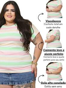 Blusa Listrada Feminina Manga Japonesa Plus Size Elegante Confortável - Verde Menta/Amarelo/Rosa - Visão 4