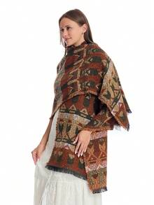 1PC Multi-Functional, Enlarged And Thickened Cape That Can Be Used Throughout The Four Seasons, With A Small Floral Border Design And A Hooded Shawl. It Is Suitable For Outdoor Windproof And Warmth Keeping, As Well As Travel Photography And Holiday/Performance Dressing