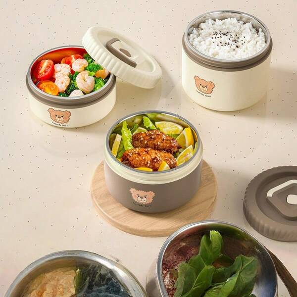 قطعة واحدة من صندوق الغداء المعزول من الفولاذ المقاوم للصدأ 304 بسعة 400/600 مل على شكل دب صغير جميل مع غطاء ومقبض، صندوق محكم الإغلاق ومقاوم للتسرب، يمكن استخدامه في غسالة الأطباق والميكروويف، ويمكن تسخينه بالماء الساخن، حاوية تخزين طعام السلطة والفاكهة، صندوق غداء معزول، مناسب للطلاب والبالغين للاستخدام في المنزل والمدرسة والمكتب والتخييم والنزهات والسفر والعودة إلى المدرسة