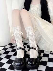 1/2 Pair Lolita Lace Trim Knee High Socks, Bow Decor Mid-Calf Socks, Suitable For Street Style With Mary Jane Shoes, Loafers, Shoes, Exclusive Christmas Gift, Unique New Year Gift For Family, Joyful Valentine's Day Gift For Girlfriend - Beige - View 7