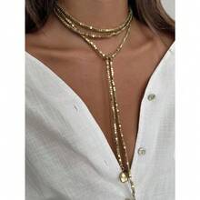 1pc Luxury Shiny CZ Faux Pearl Beaded Long Necklace, Personalized Metal Disc Tassel Pendant Necklace For Women, Suitable For Parties, Gifts, And Daily Wear - 金色 - 查看 3