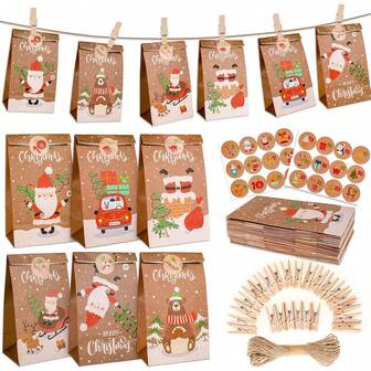 DIY 24 Days Christmas Advent Calendar Set - Xmas Countdown Gift Bags With Stickers/Clips/Rope | Christmas Party Favors, Navidad Home Decor, Interior House Decoration, Cute Gift For Boyfriend