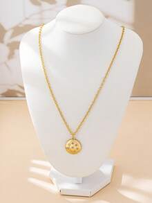 1pc Fashionable Minimalist Style Gold Metal Alloy Shield, Coin, Badge Pendant Design With Rhinestones, Women's Long Necklace Sweater Chain, Suitable For Daily Wear, Party, Banquet, Gift - Yellow Gold - View 5
