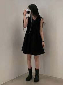 小码女士复古褶皱蝴蝶结无袖露背迷你连衣裙，夏季优雅黑色 - 黑色 - 查看 6