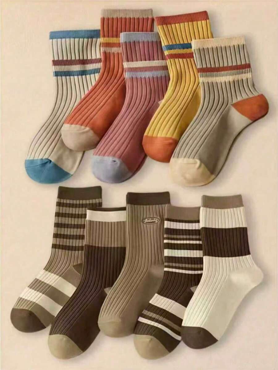 5/10 Pares de Meias Crew Colorblock Listradas Femininas, Confortáveis, Absorventes de Umidade e Macias, Estilo Preppy Adequado para Todas as Estações