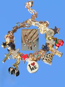 1pc Cute Red Cherry Charm Bracelet, Leopard Print Star Girl Bracelet, Black 8 Ball Dark Bracelet, Cross Star Bracelet, Punk Music Festival Bracelet