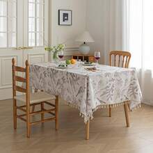 Designer Grey Tablecloth For Square Tables,Fringed Edges With Leaves And Birds Pattern Tablecloths,Farmhouse Floral Table Cover Cloth Drative For Kitchen Dining Room,59"X 102",24897017 - 紫羅蘭色 - 查看 2