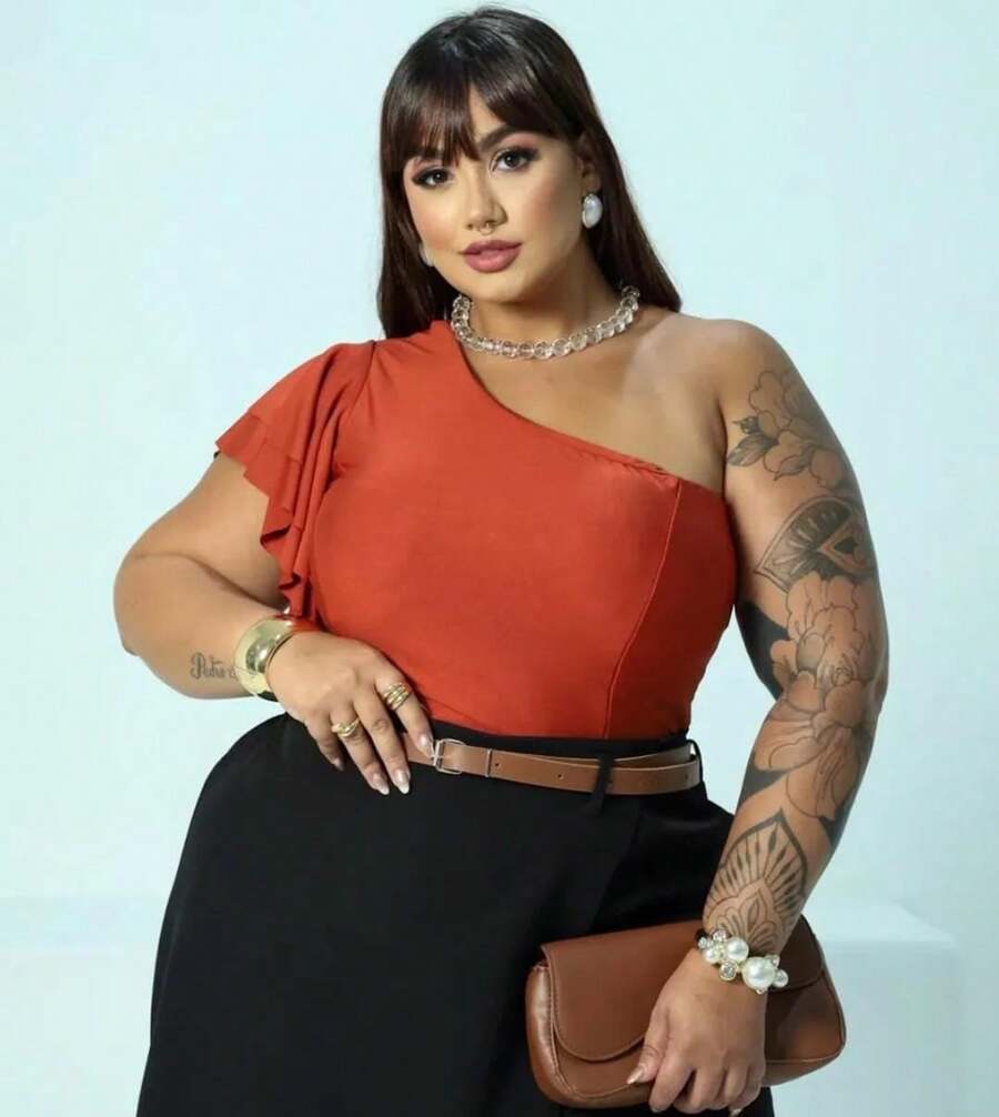 Women's Plus Size Cropped Blouse In Spandex With Padded Cups, One-Shoulder Sleeves With Ruffles - Burnt Orange - View 1