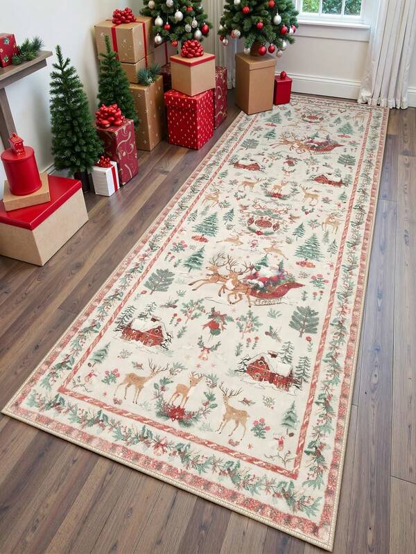 1 pezzo Tappeto beige con albero di Natale, Babbo Natale e renne, non lavabile, molto adatto per soggiorno, camera da letto, corridoio, uso interno ed esterno, facile decorazione natalizia per la casa e la stanza