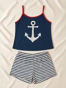 Women's Silk Print Short Doll Pajamas With Comfortable Straps - 藏蓝色 - 查看 2