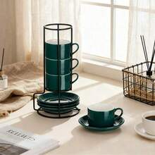 一套3盎司陶瓷咖啡杯碟，多色可选，配黑色金属架，高档咖啡杯套装，适合下午茶、家庭聚会、拿铁、摩卡、茶杯、情人节、新年、嘉年华等场合。 - 彩色 - 查看 12