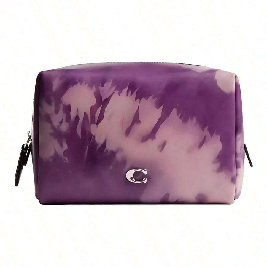 Coach Borsa per trucchi in pelle di piccole dimensioni con chiusura lampo, stampa tinta a mano, colore viola, CT915-LHPUR