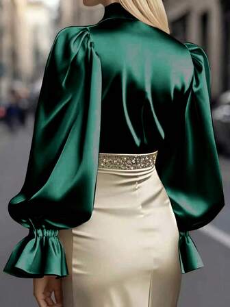 女士优雅休闲百搭通勤缎面衬衫，亲肤柔软丝滑缎面面料，领口泡泡袖设计上衣 - 100% 涤纶，可机洗和干洗，纯色，适合所有季节、办公室和日常穿着，纯色荷叶边/荷叶边前纽扣