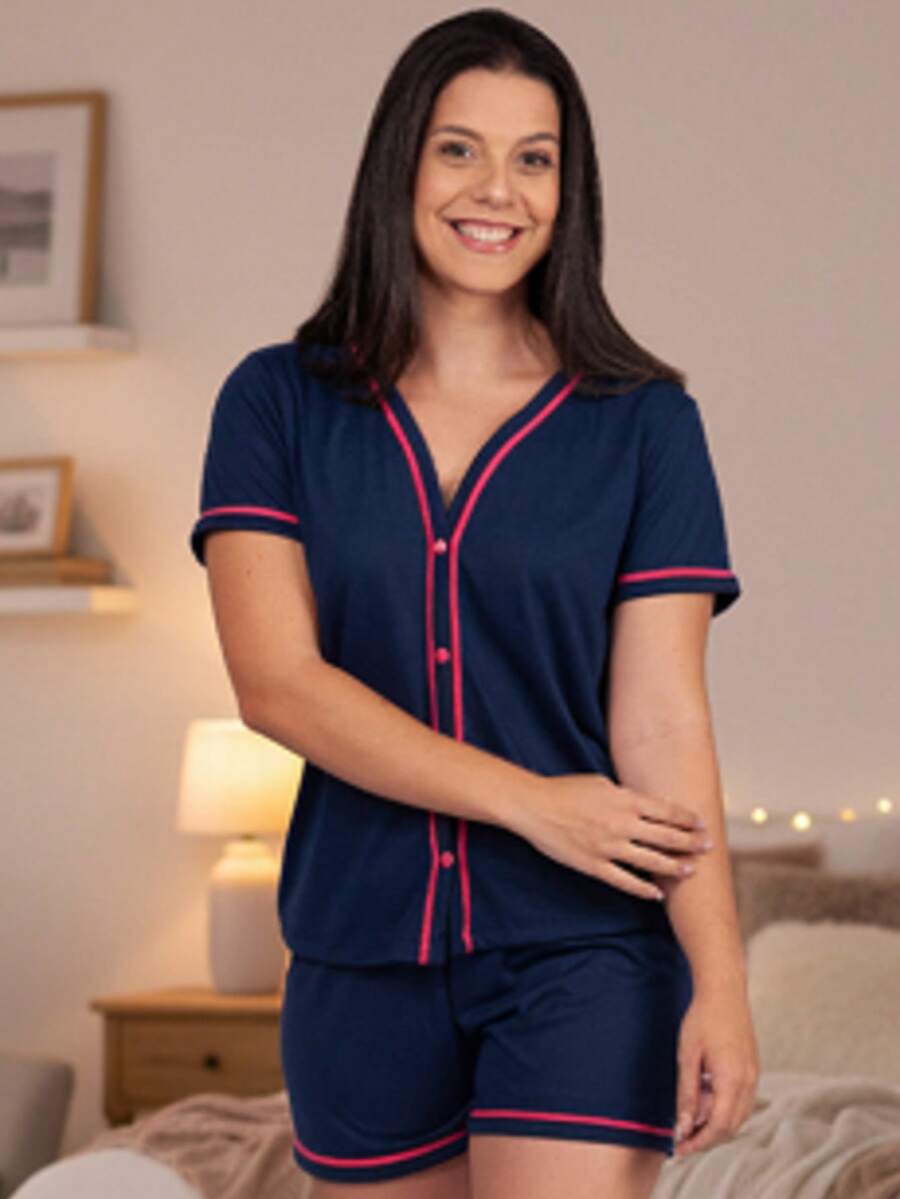 Women's American Blogger Pajamas With Buttons Super Comfortable Breastfeeding Promotion - Navy Blue - View 1