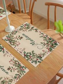 1 PC Custom Linen Photo Placemat Christmas Holly Leaves Encircling Red Berries Beige Background Pattern Elegant Name Embroidery Perfect For Christmas, New Year, Family Gatherings, Holiday Dinners, Winter Table Settings