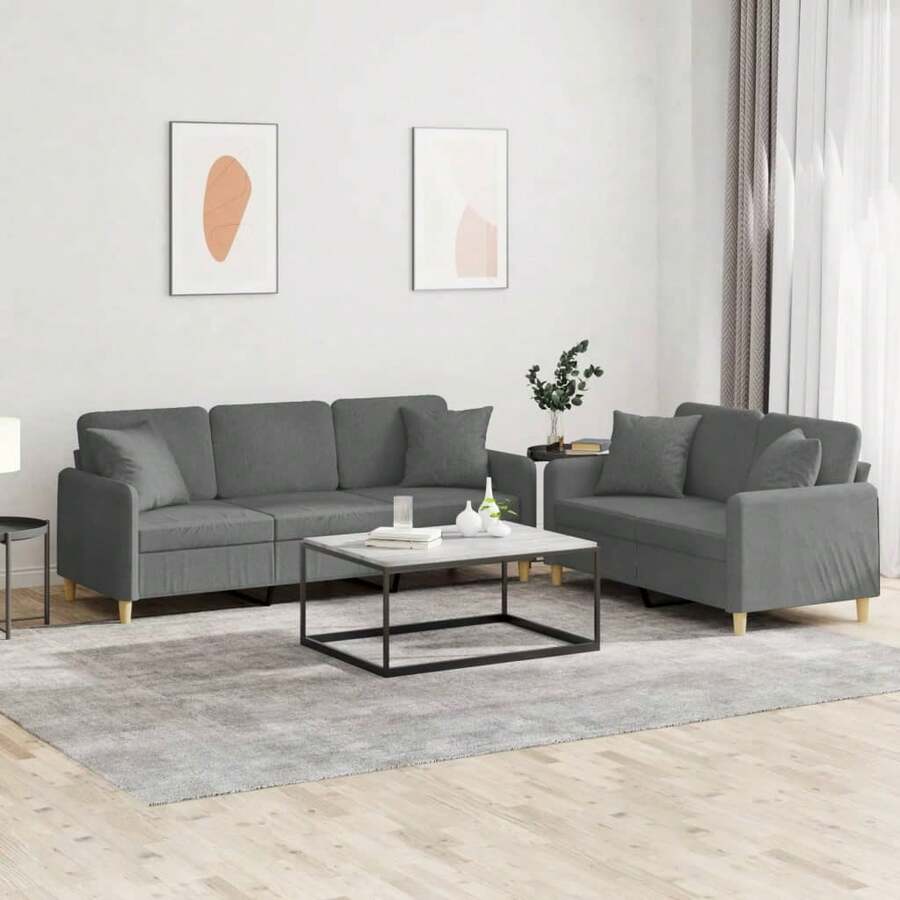 vidaXL 2-Teiliges Sofa-Set Mit Kissen, Dunkelgrauer Stoff - Grau - Übersicht 1