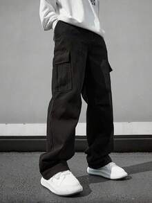 1pc Plus Size Men's Multi-Pocket Solid Color Cargo Pants, Casual Loose Lightweight Trousers For Spring/Autumn, Beach/Vacation, Daily Commute, Workout, Outdoor, Streetstyle, Fitness, Jogging, Hiking, Fall